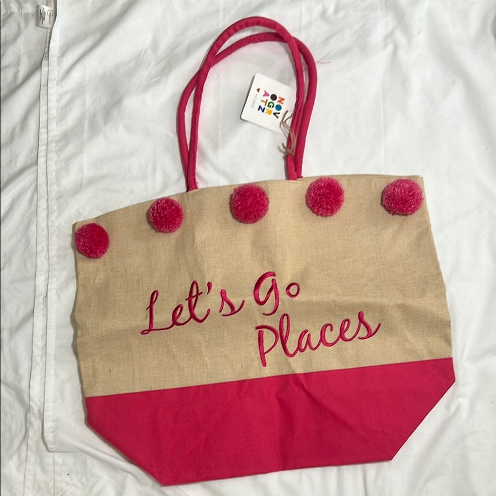 Cheerful Pink and Tan Canvas Tote with Pom-Poms